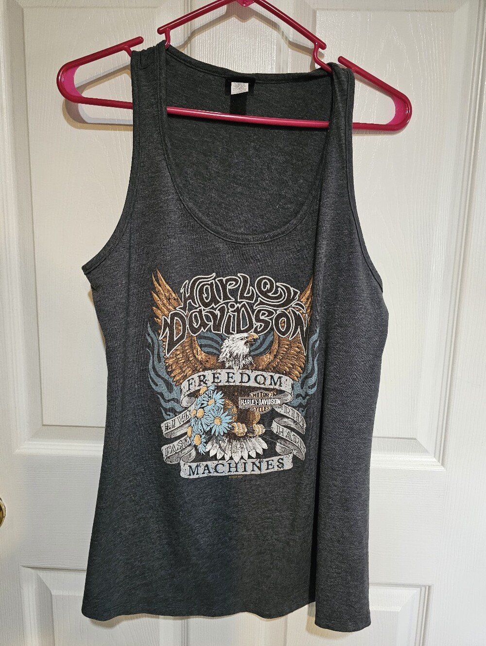 Harley-Davidson Charcoal Tank Top with Gold & Blue Eagle Graphic